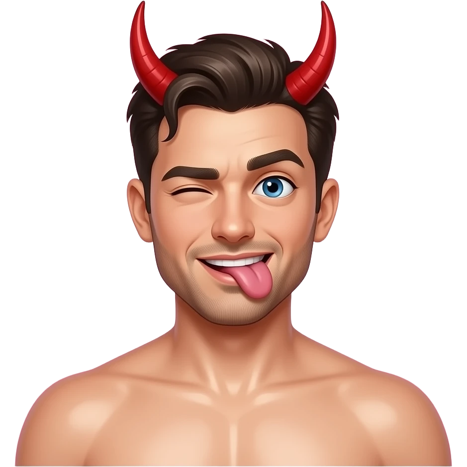 Ein attraktiver Mann mit roten Hörnern und mit nackten, glänzenden, öligen Oberkörper. Sein Blick ist frech und lasziven mit einem zugekniffen Auge und einer schräg rausgestreckter Zunge. Mache den Hintergrund pink emoji