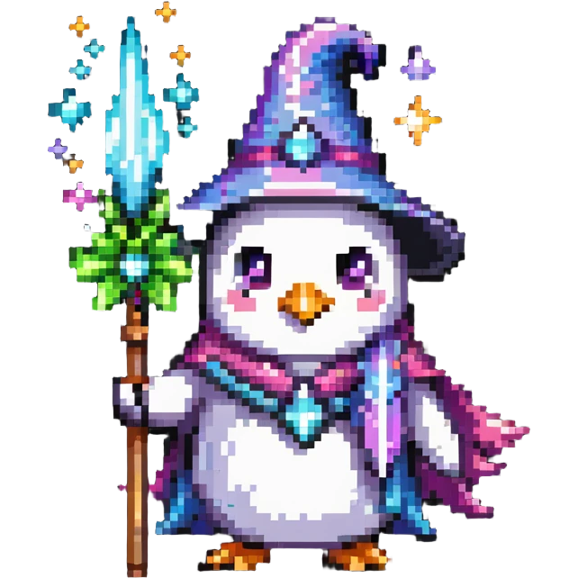 penguin wizard with magical sparkles, a unicorn, fairy, and tiny goblin companion emoji