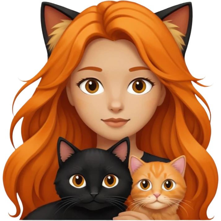 A long-haired girl holding a black cat and an orange long haired cat emoji