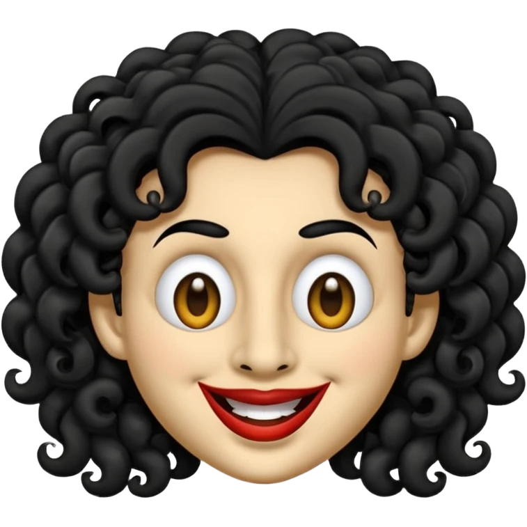 generate mask emoji with a big curly black hair 

black coloured  smiling lips and no teeth, long and pointy white nose with no nostrils, pitch black eyes with no pupils, no brows emoji