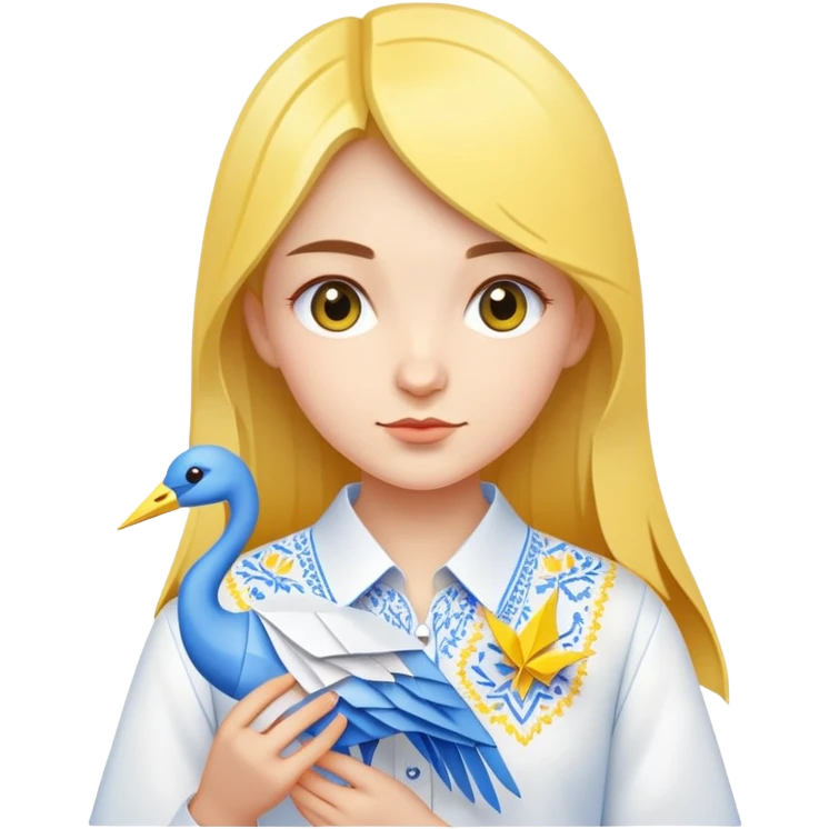 A Ukrainian young girl wearing a white embroidered shirt holds an origami yellow-blue crane emoji