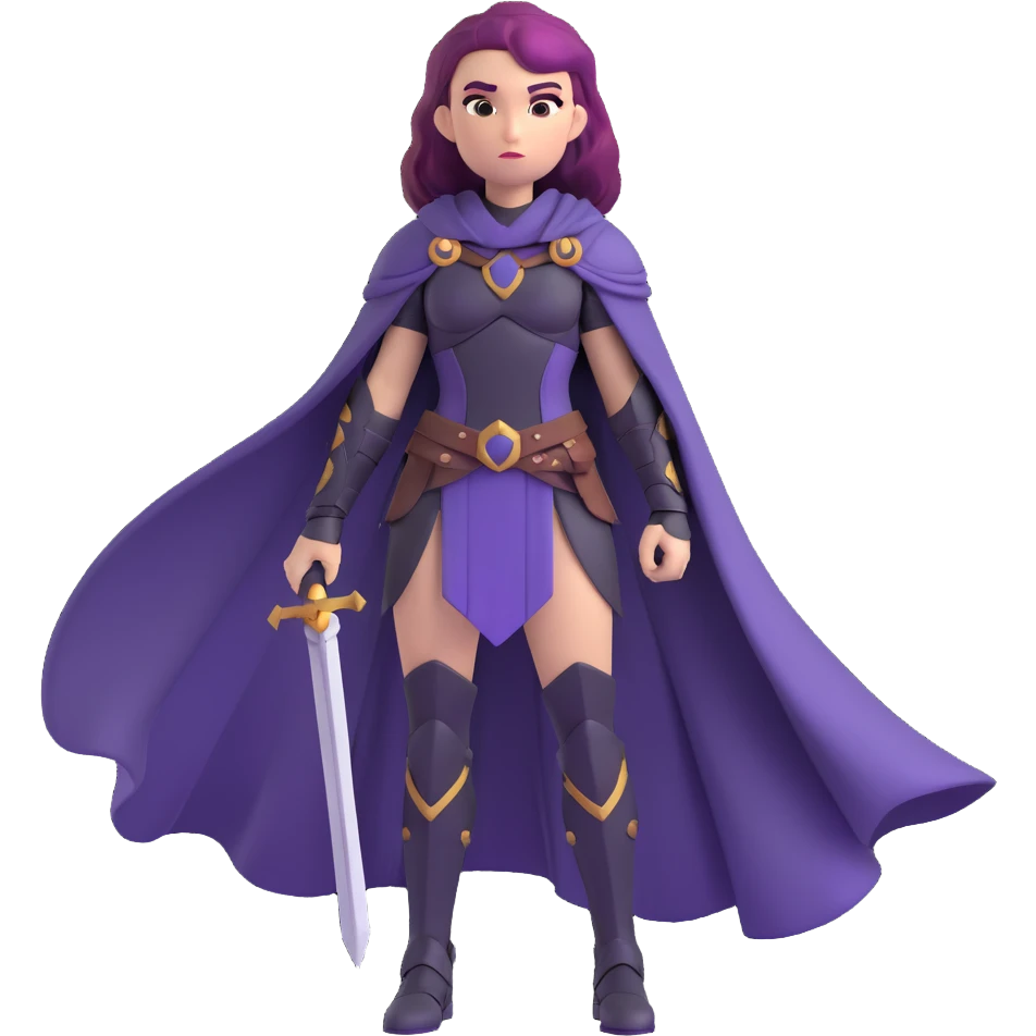 mysterious warrior girl with flowing purple hair, dressed in black armor, standing heroically with a cape flowing behind her, emoji style emoji