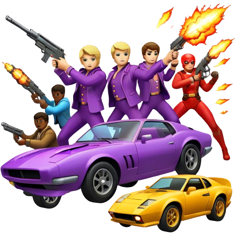 Icon for Action Movies: Close-up collage with dynamic explosions, guns, fast cars, and heroic figures in action poses. Include iconic weapons, dramatic lighting, and high-energy scenes that capture the essence of action films. Vibrant colors and intense motion. Transparent background. emoji