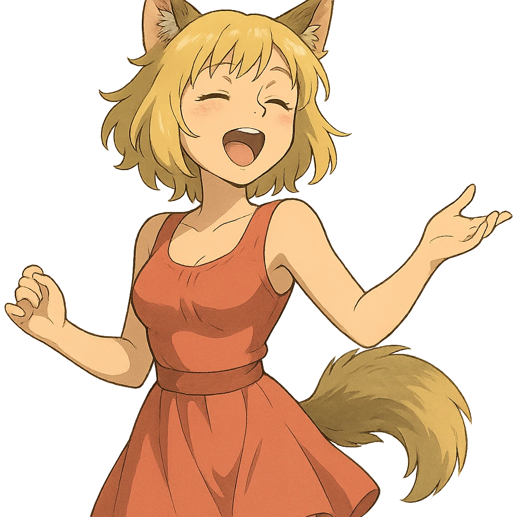 anime style furry girl with wolf ears and tail, short blonde hair, green eyes, hourglass figure, singing with joy, soft lighting, ghibli style emoji