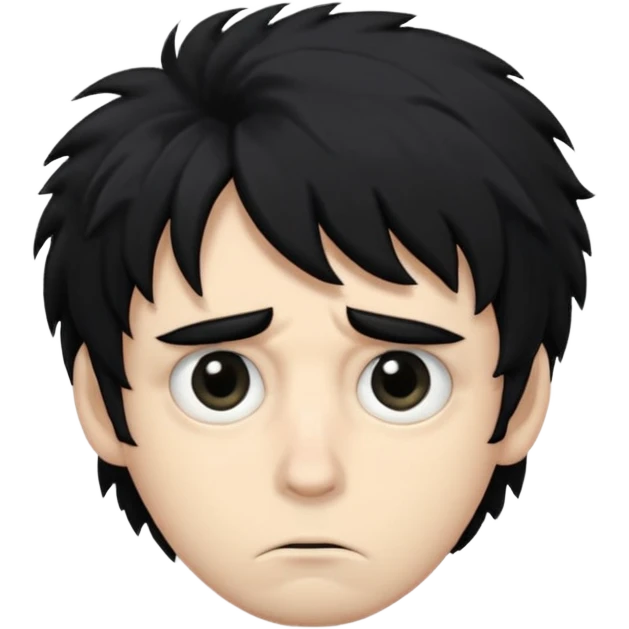 Hair: Messy, shaggy black hair that sticks out in uneven tufts, like he never bothers to style it.

Eyes: Big, heavy-lidded eyes with dark circles/eye bags, giving him a tired, haunted stare.

Skin: Very pale complexion emoji