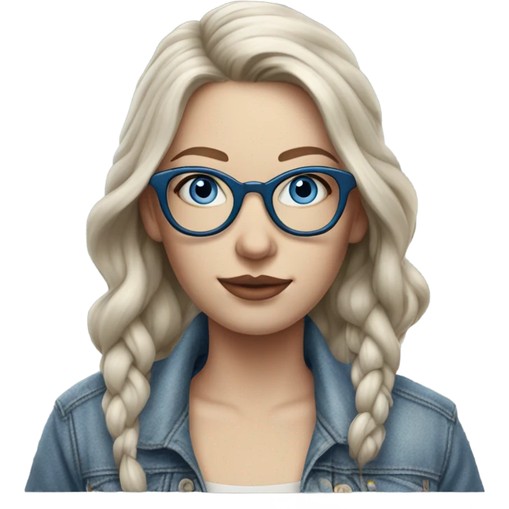 Hyper Realistic pale beautiful tattooed 3D woman with glasses and blue eyes wearing denim jacket emoji