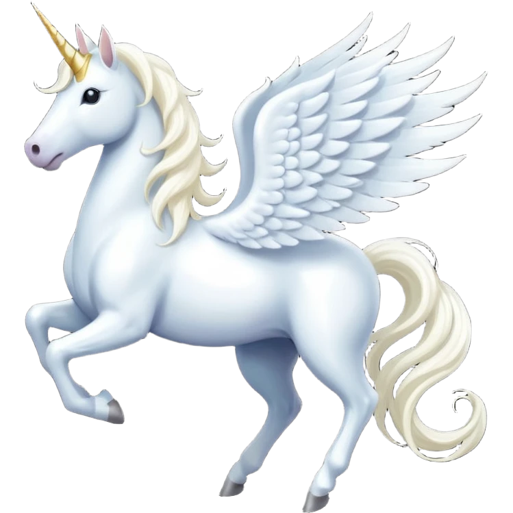 All white Cinematic Noble Unicorn with wings, slender with a flowing mane and tail and spiraled horn emoji