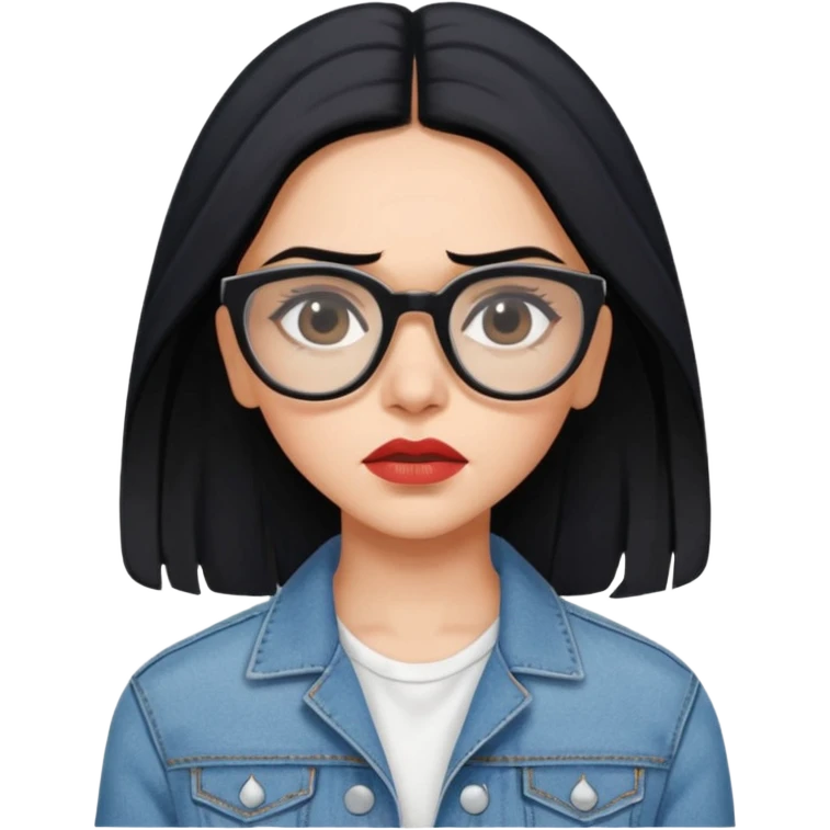 generate a pretty bratz emoji 
Make her wear a white dress with a denim jacket over it. black hair side part 

She should look exactly  like Deepika padukone. wearing tiny rectangular spectacle, looking sad emoji