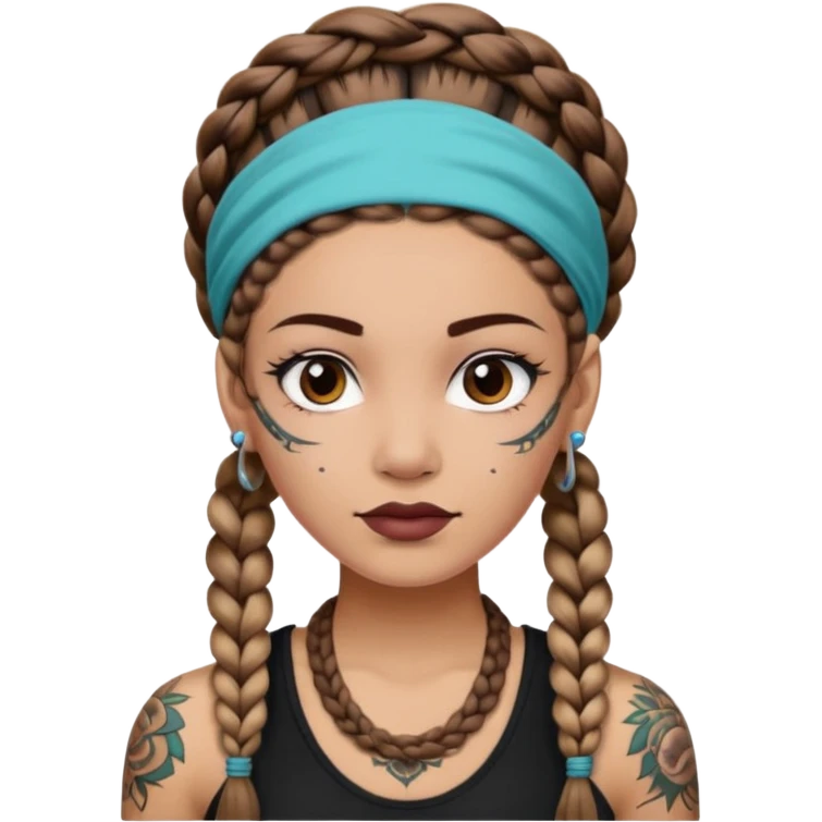 big lose braids starting from the top of the head woman face wiith big visible braids and mono color headband on head  face and braids as big as headband and lots and lots of face tattoos colored tattoos like a tattoo artist hair different color emoji