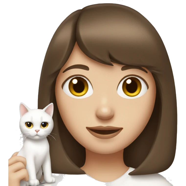Brown haired girl with bangs holding an all white cat  emoji