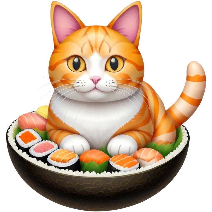cat sitting in a decorated Easter egg made of sushi, colorful Easter patterns on the sushi egg emoji