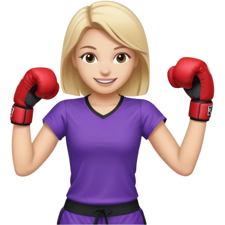 a white girl in  purple gear kickboxing smiling with a full shirt on emoji