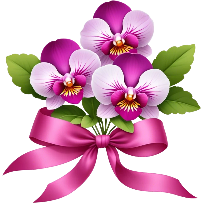 A bouquet of Orchid Pink pansies tied with a flowing Wild Strawberry ribbon. The vivid contrast of soft petals and bold silk creates a charming, romantic scene." emoji