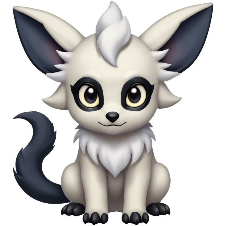 Absol-Umbreon, long thick black ears, no Scapha, black long tail, black eyes, white fur, black claws, cute big eyes, adorable emoji