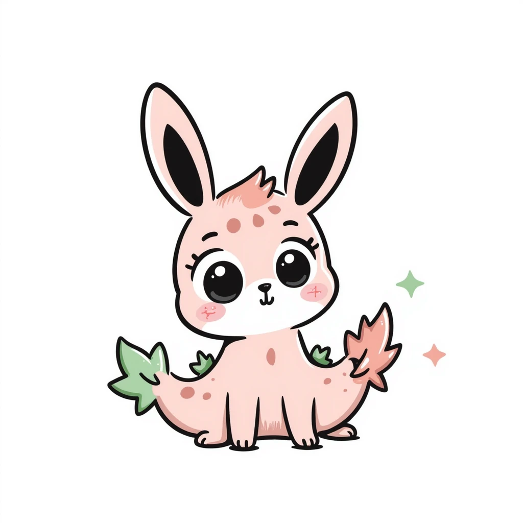 Kawaii bunny plant dragon with tiny spikes, extremely cute, giant sparkly eyes, blushing cheeks, pastel colors, small mouth, adorable expression emoji
