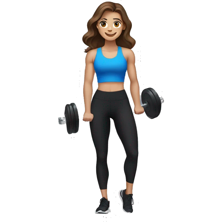 Gym girl lifting weights,brown hair blue eyes, smiling wearing black gym leggings emoji