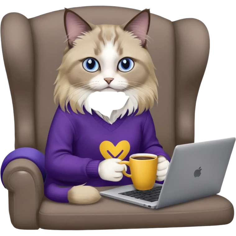 a cute blue eyed brown and white ragdoll cat with white paws and brown and beige tail wearing the dark violet sweater with yellow letteting "Milena" sitting on a grey sofa with grey laptop branded lettering "Lenovo", it` not brand Apple - only Lenovo and drinking coffee emoji