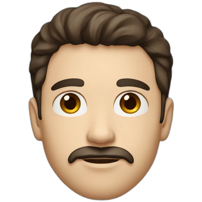A young Caucasian man with dark brown eyes, almond-shaped eyes, short dark brown hair, and a small dark brown beard with a more prominent mustache. emoji