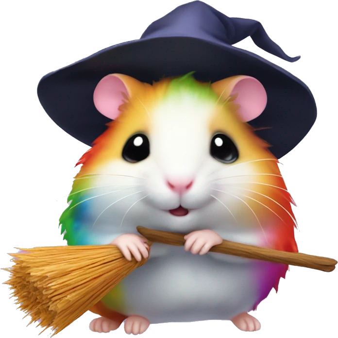 Kawaii rainbow hamster on witches broom emoji