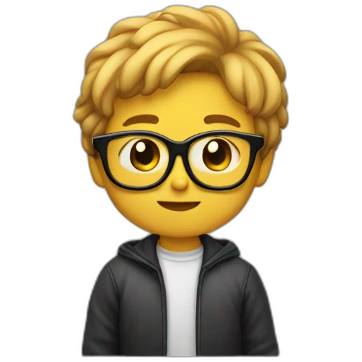 un niño con gafas con el pelo negro comiendo emoji