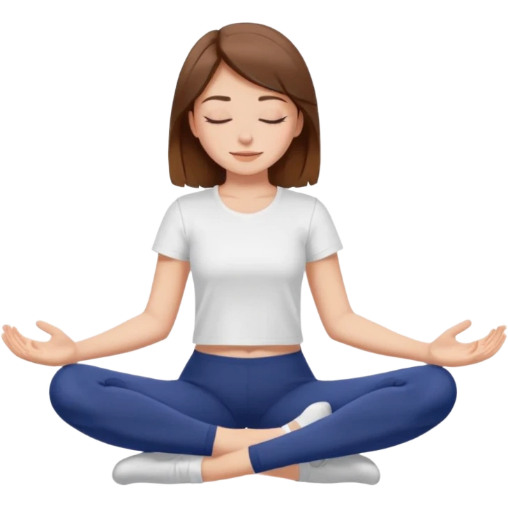 Brown haired girl with closed eyes in dark blue leggings and a white t-shirt sits on the splits emoji