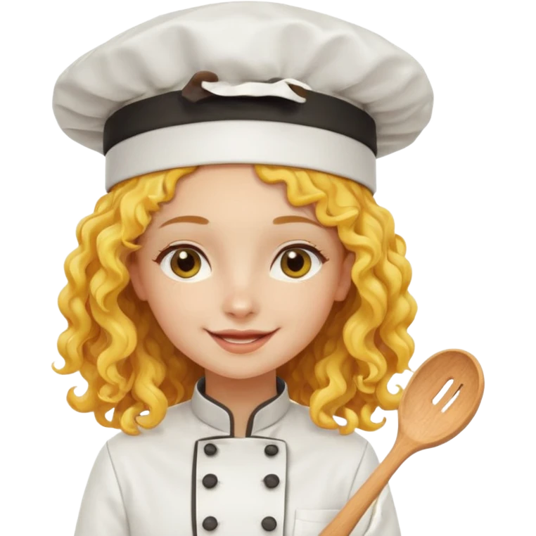 girl, yellow Long curly hair, happy, wearing chef uniform and chef hat emoji