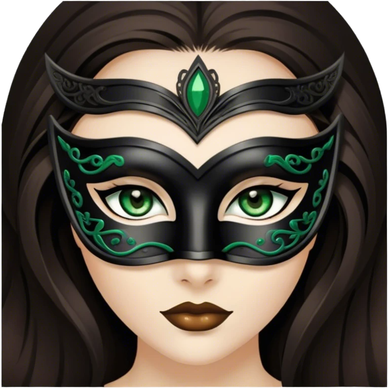 Greeneyed Woman with Long Dark brown hair wearing Black venetian mask emoji