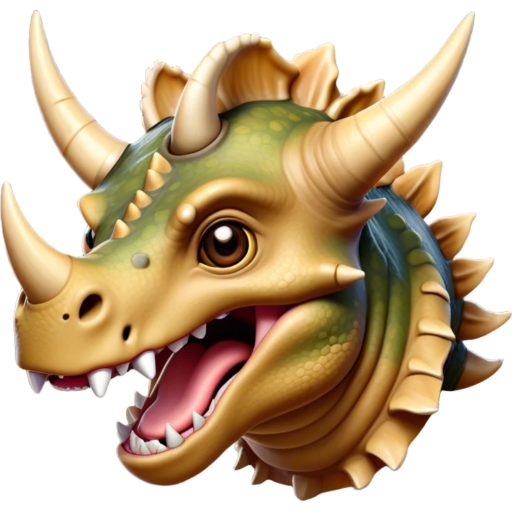 Cinematic Comical Triceratops Portrait Emoji, Head tilted dramatically with an exaggeratedly shocked expression, featuring a stout, armored body with three comically exaggerated horns and a frilled head, wide, comically expressive eyes full of playful disbelief, Simplified yet hilariously expressive features, highly detailed, glowing with a slightly sassy prehistoric glow, high shine, dramatic yet playful, stylized with an air of cheeky dinosaur mischief, soft glowing outline, capturing the essence of a meme-worthy Triceratops that looks ready to side-eye its way into viral fame! emoji