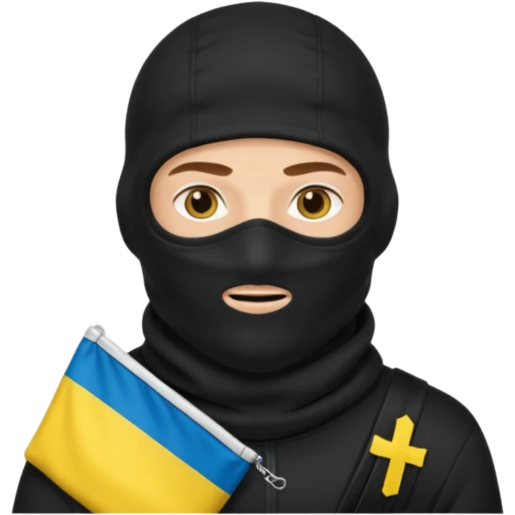 создай реалистичного белого украинца в черное одежде и черной балаклаве и в руках большой мешок с флагом украины на нем emoji