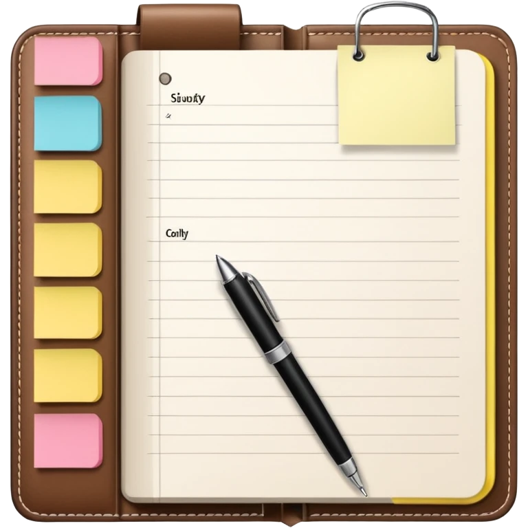 daily planner agenda  leather with open page and pen with stickynotes emoji
