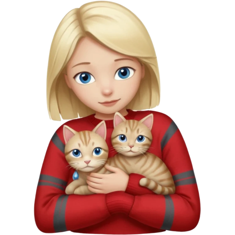 Blonde girl with blue eyes in red sweater cuddling with light grey tabby cat with dark grey stripes emoji