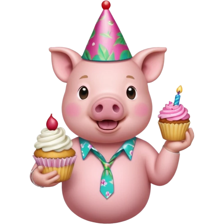 Pig with aloha shirt, birthday hat, holding a cupcake emoji