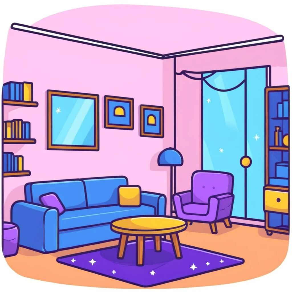 cozy room with furniture and magical sparkles floating above the furniture emoji