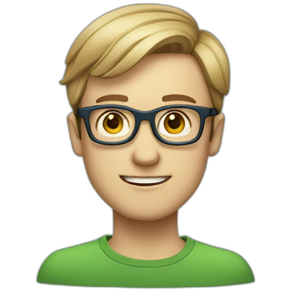 Chatty man, short hair, small thin glasses, blue-green eyes, geek emoji