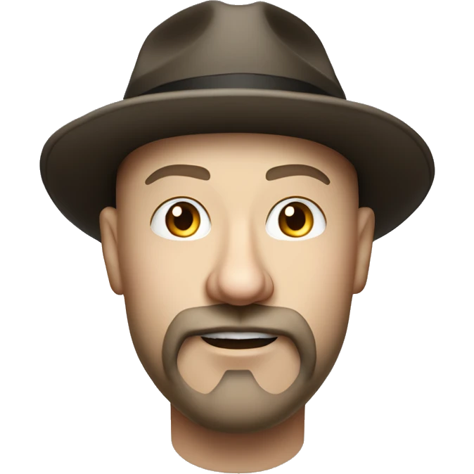Photorealistim A plump bald man of Slavic appearance with a goatee beard and mustache, wearing a fedora hat, big details emoji