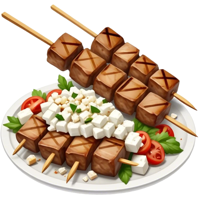Souvlaki Cinematic Realistic Souvlaki Dish Emoji, depicted as skewered, grilled meat served with a side of crumbled feta cheese, rendered with rich textures and dynamic, appetizing lighting. emoji
