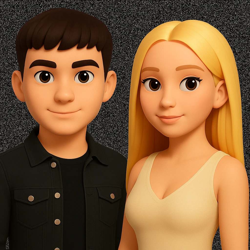 Slightly increase the volume of the upper body of the girl, separate the girl and the boy from each other, and make the skin color the same for both. Maintain the cartoonish 3D style in the edit. emoji