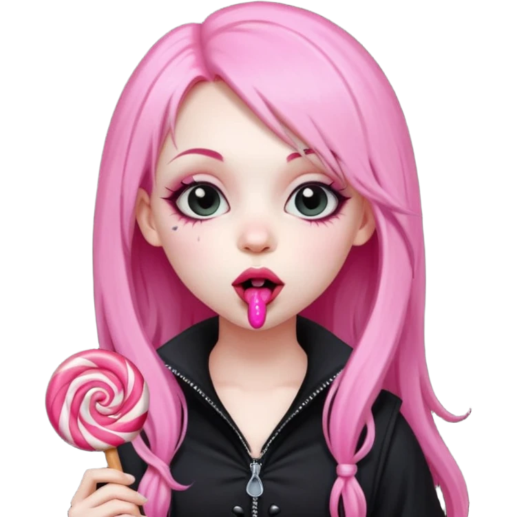Cute Goth girl with long pink hair licking a lolli emoji