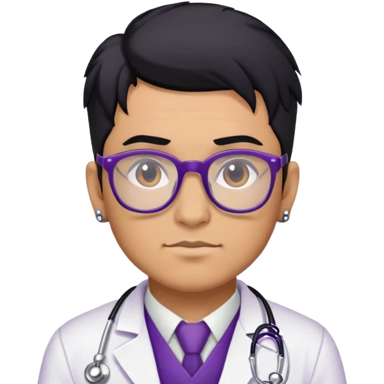 Male doctor tan skin glasses black hair, piercings and tattoos, violet uniform and white bata emoji