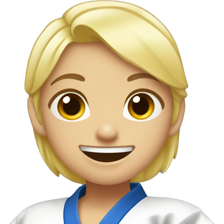 blond judo girl pointing with both hands to mouth and wide smile emoji