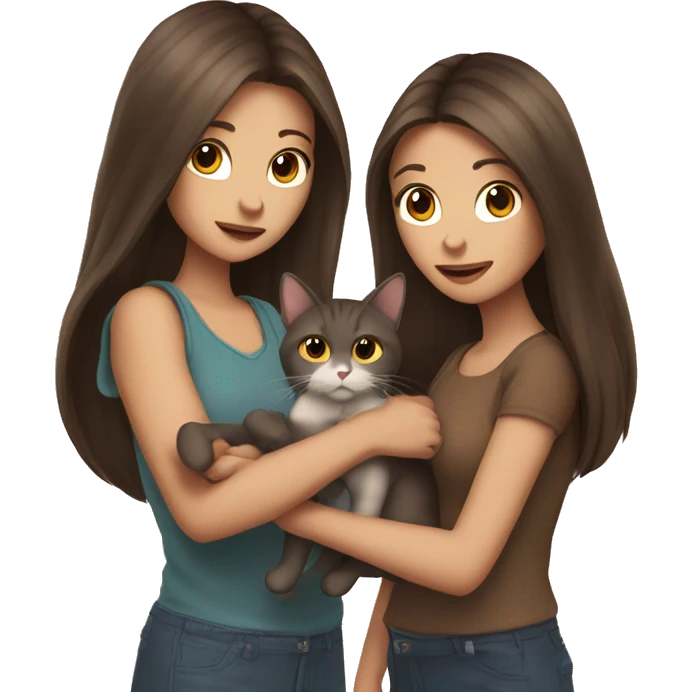 Two long hair brunette girls and two cats in their hands emoji