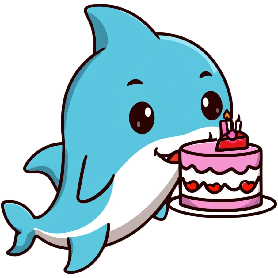friendly shark with puckered lips kissing a decorated cake emoji
