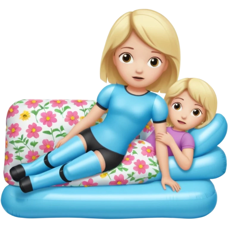 chica rubia con cara de miedo con unas botas de presoterapia inflables tirada en una cama emoji