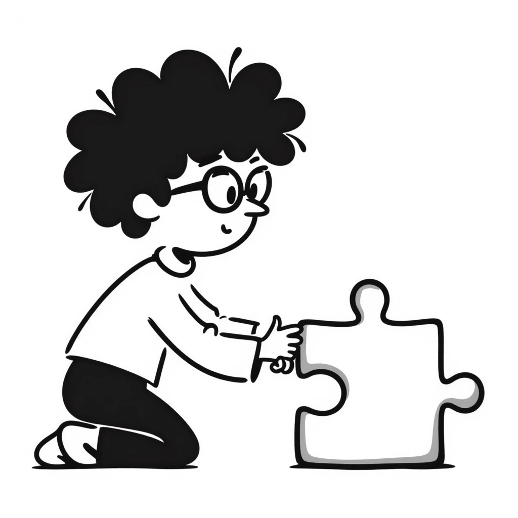 hand-drawn genius boy with wild hair, glasses, and a puzzle piece symbol emoji