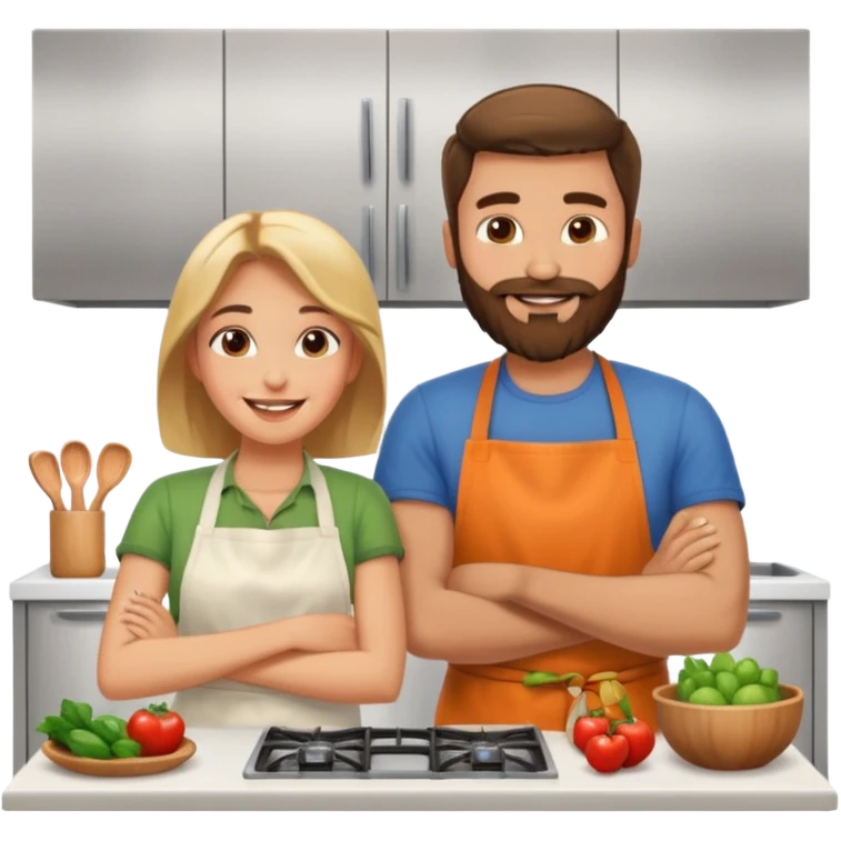 smiling couple in kitchen the man has a beard emoji
