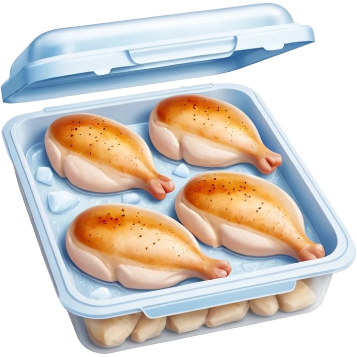 A pack of frozen chicken breasts inside a home freezer, sealed in clear plastic packaging with frost on the surface. The freezer shelves have other frozen items in the background, and cool white light reflects off the ice. Realistic photography, everyday kitchen scene. emoji