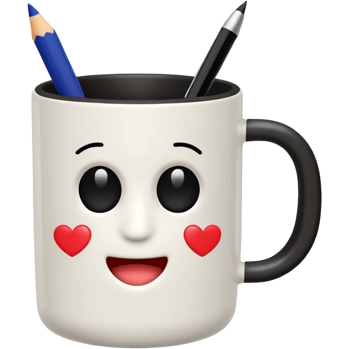 black pen holder cup with one pen sticking out, emoji style emoji