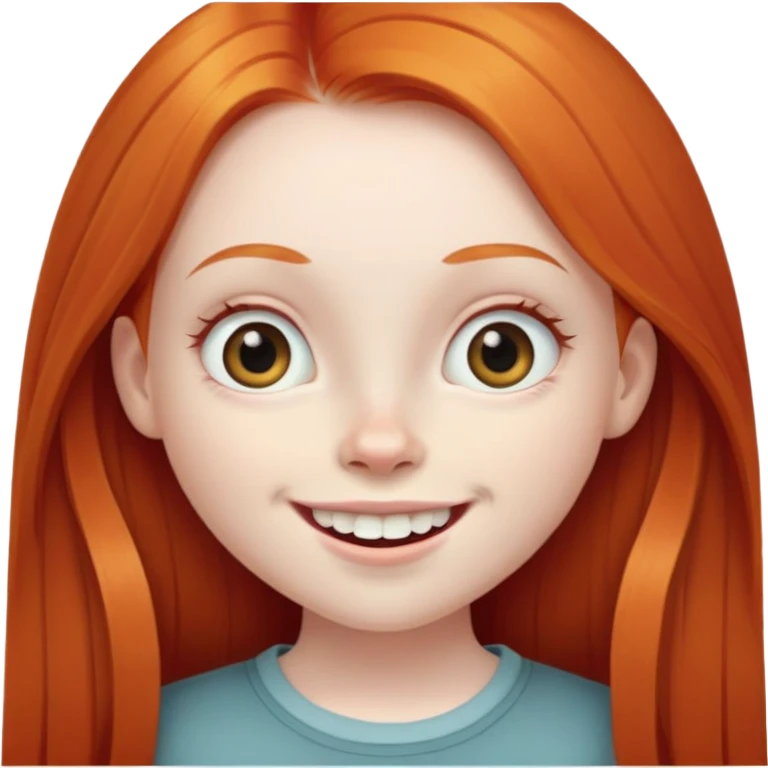 traditional emoji of young girl with very pale skin, long straight bright ginger red hair, very big wide human eyes positioned close together, wide nose, big smile with extremely large prominent teeth showing, classic round face emoji