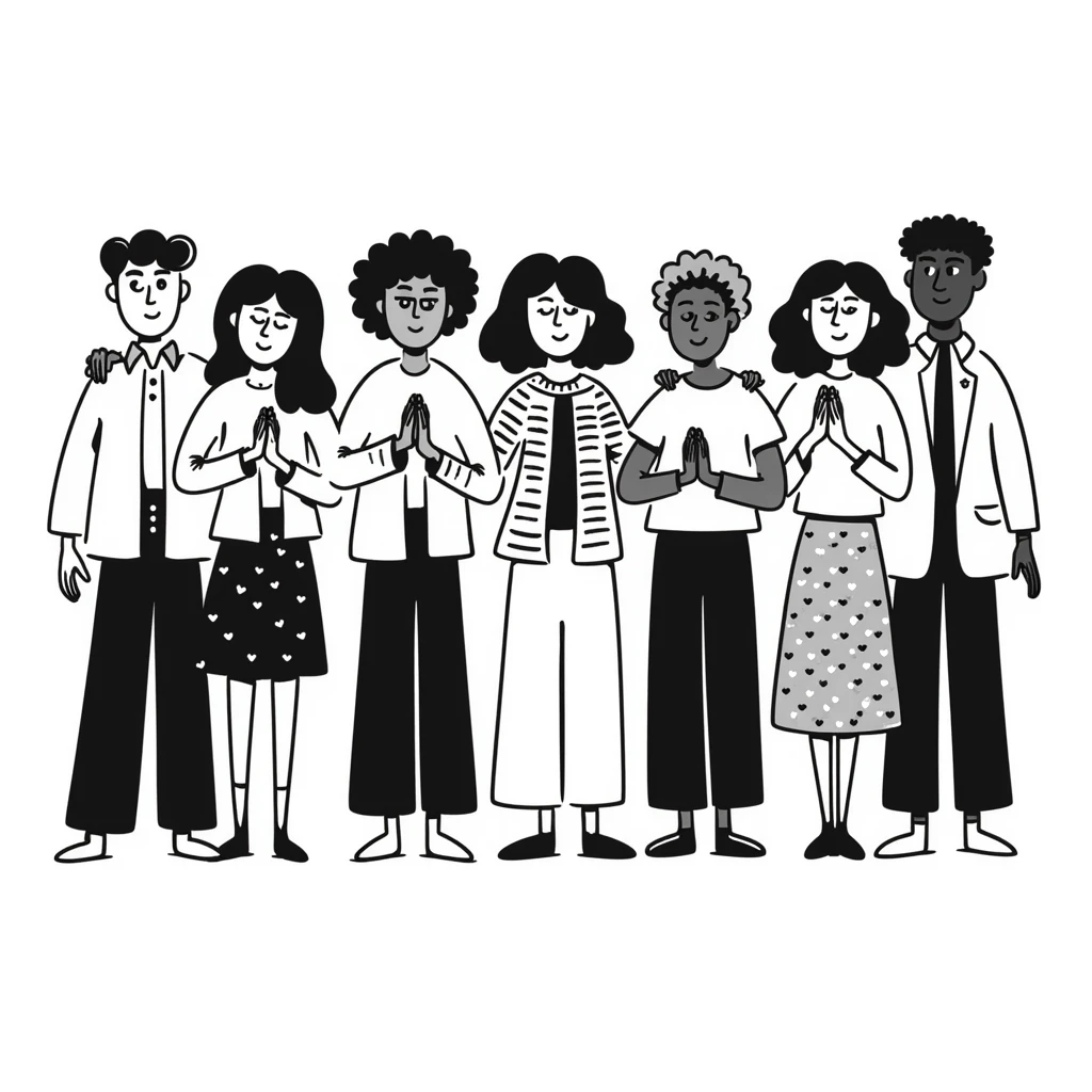 Hand-drawn illustration of people of different skin colors and ethnicities holding hands in a line, symbolizing integration and unity emoji