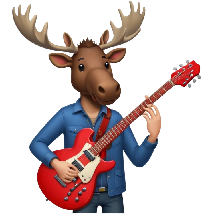  A man with the head of a moose playing a red electric guitar in Alaska. Give him a dark vibe and an attitude emoji